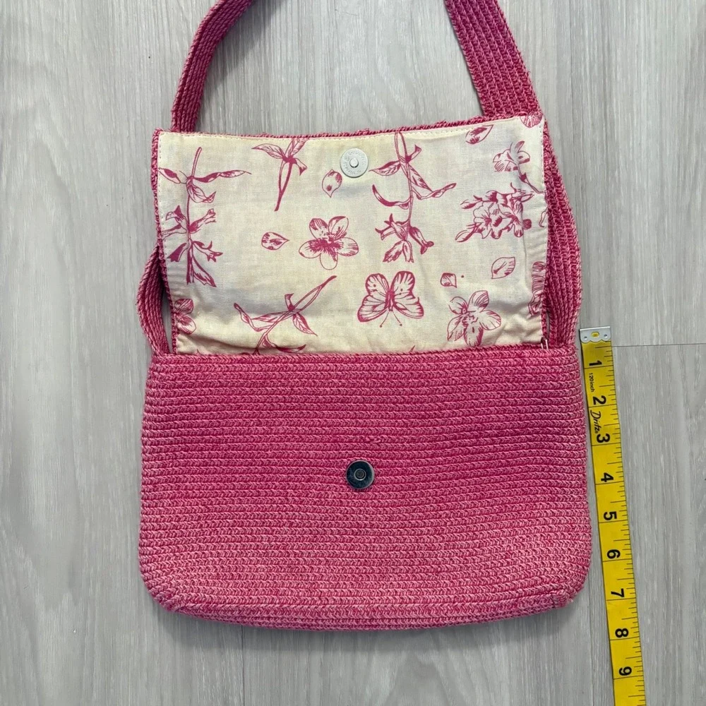 The Scala Collection Bag Pink Crochet Straw Shoulder Bag Butterfly Floral Lining